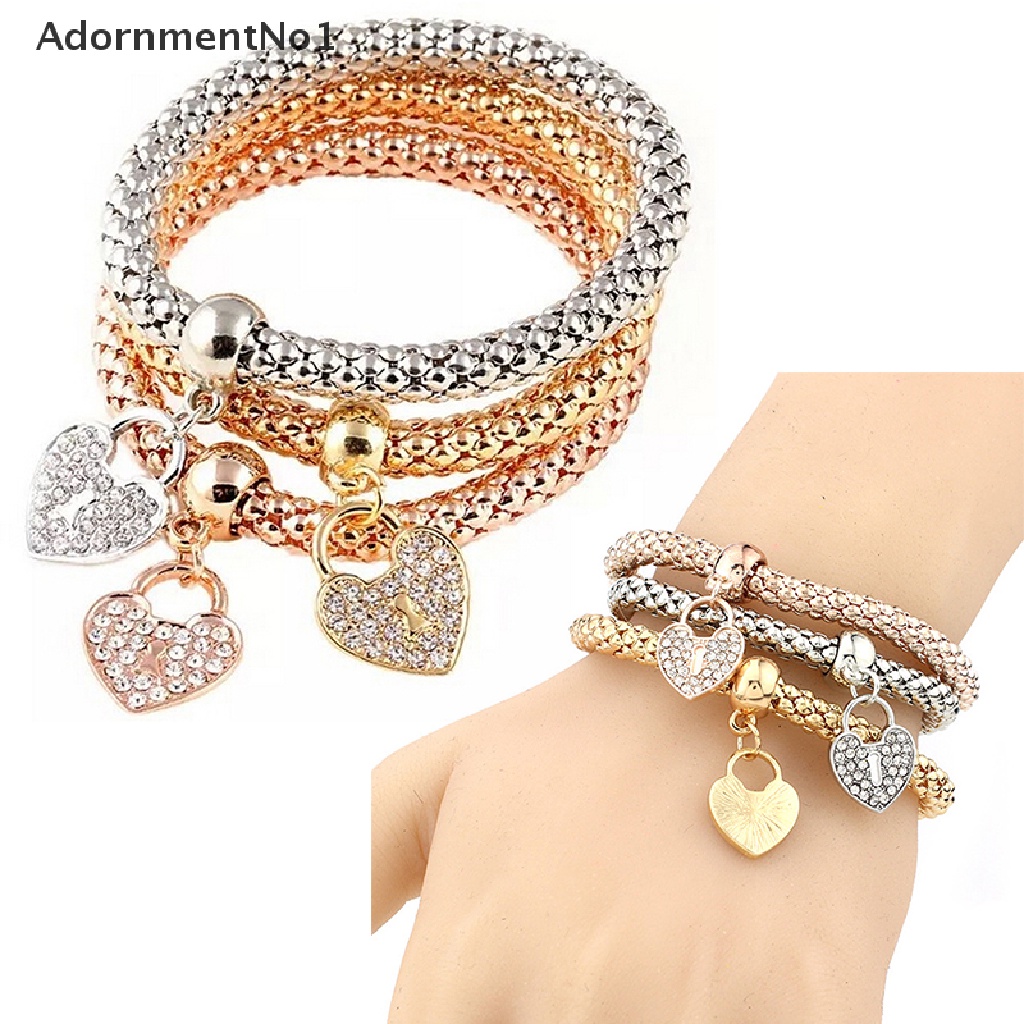 (AdornmentNo1) 3pcs / Set Gelang Tangan Elastis Motif Hati Aksen Kristal + Berlian Imitasi Untuk Perhiasan Wanita