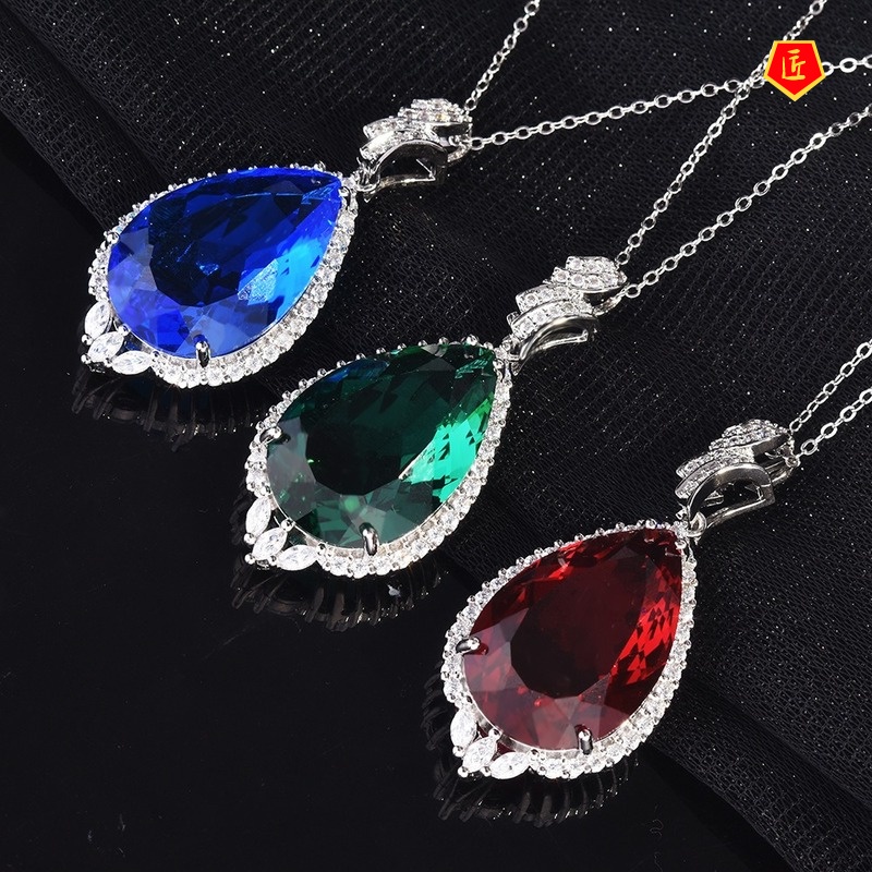 [Ready Stock]Luxury Water Drop Pear-Shaped Colored Gems Necklace Silver Elegant Fashion