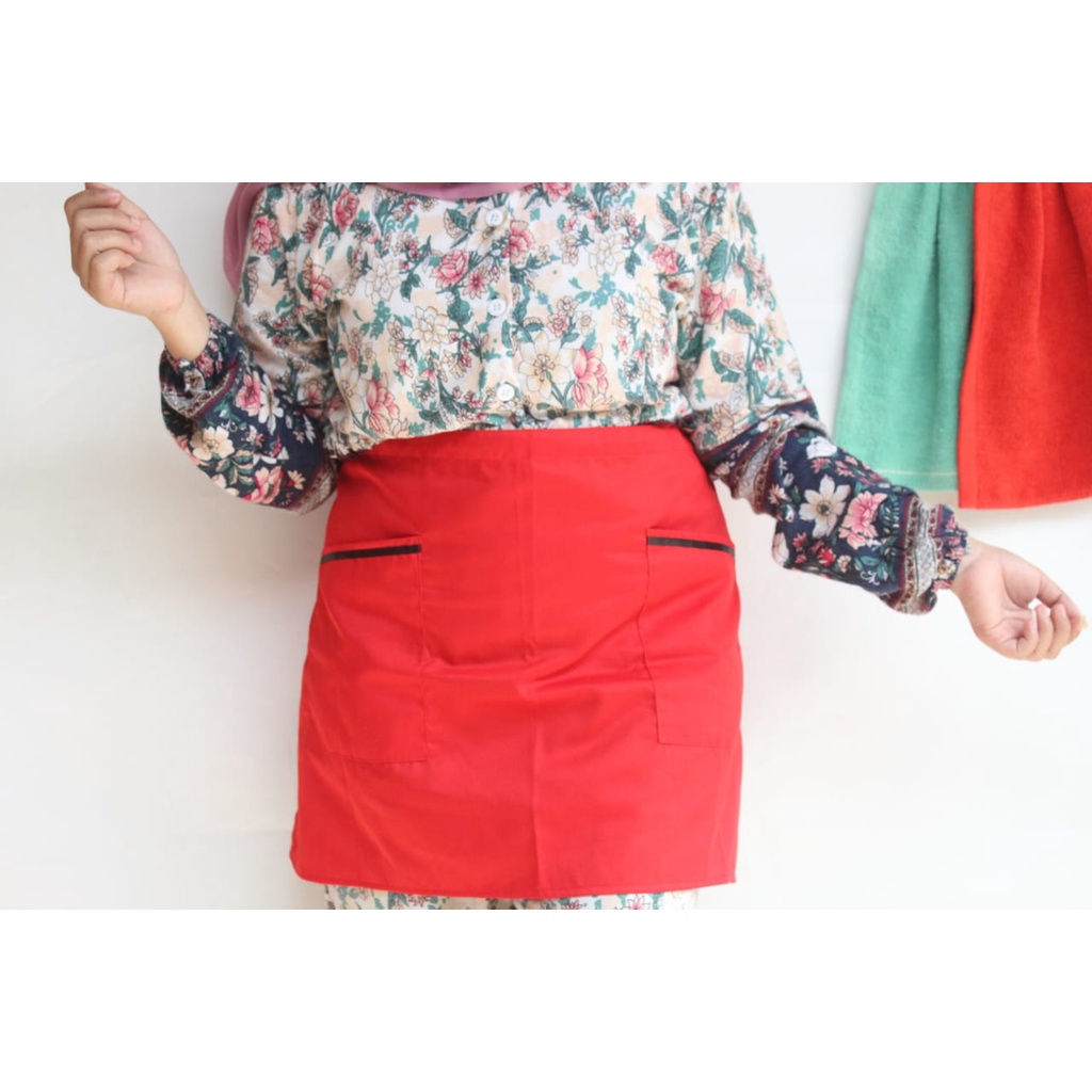 Celemek Apron Perlengkapan Memasak Mini Setengah Badan/Apron Waiters Warna Hitam Merah Katun Drill