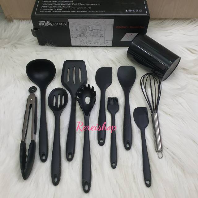 silicone kitchen cooking spatula utensil set 10 with holder / alat masak sutil spatula whisk tongs