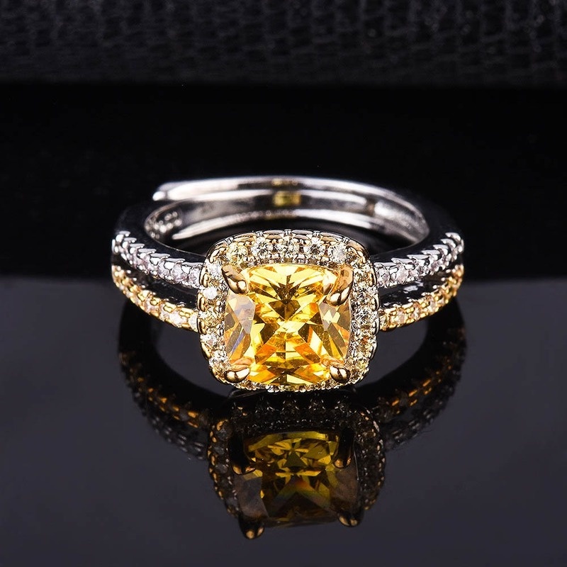 Fashion Creative Double-Layer Full Diamond Yellow Diamond Princess Square Open Ring