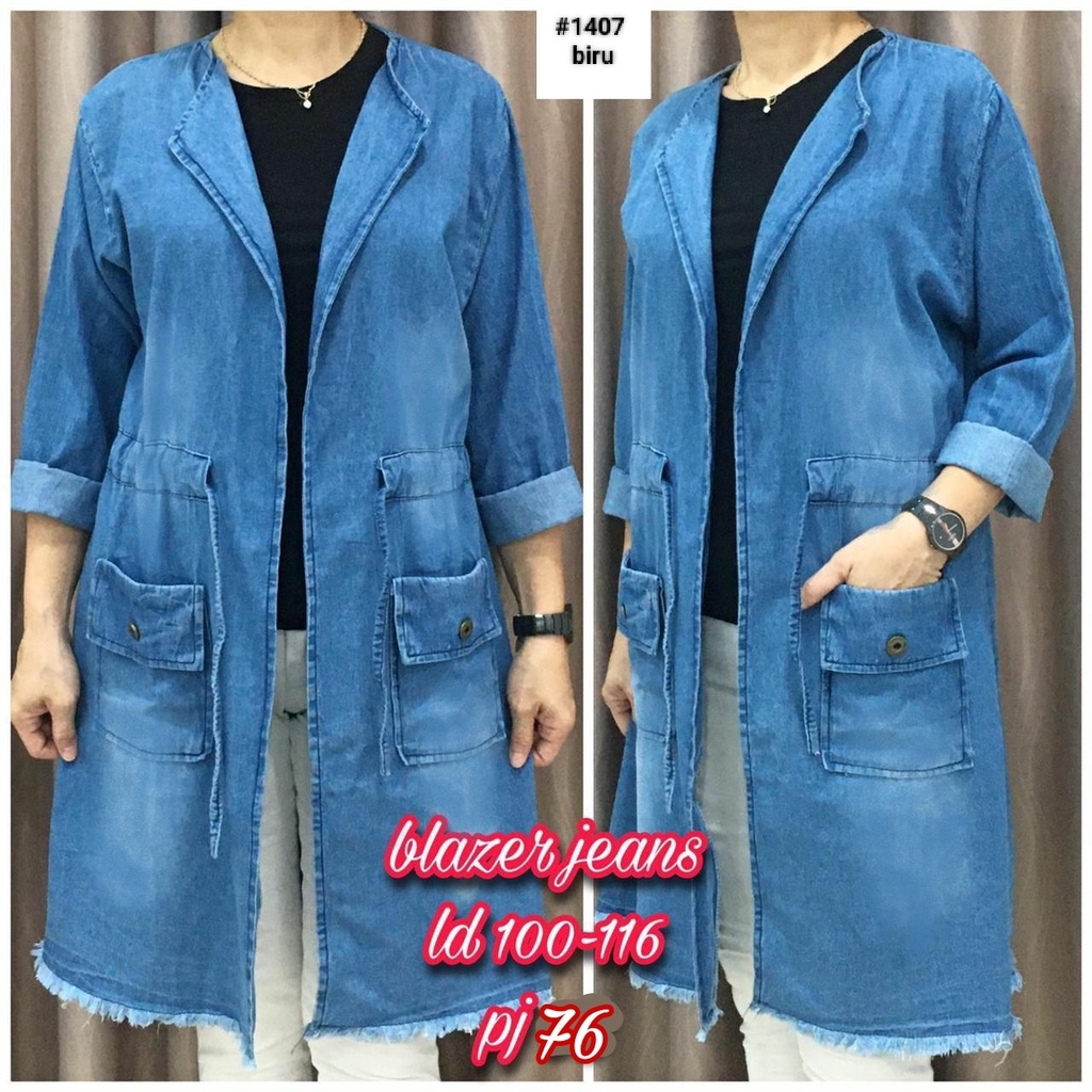 SL 1407. BLAZER JEANS POLOS PANJANG/CARDIGAN LONGCARDI RAWIS/ JAKET OUTER LONG JEANS WANITA REAL PIC