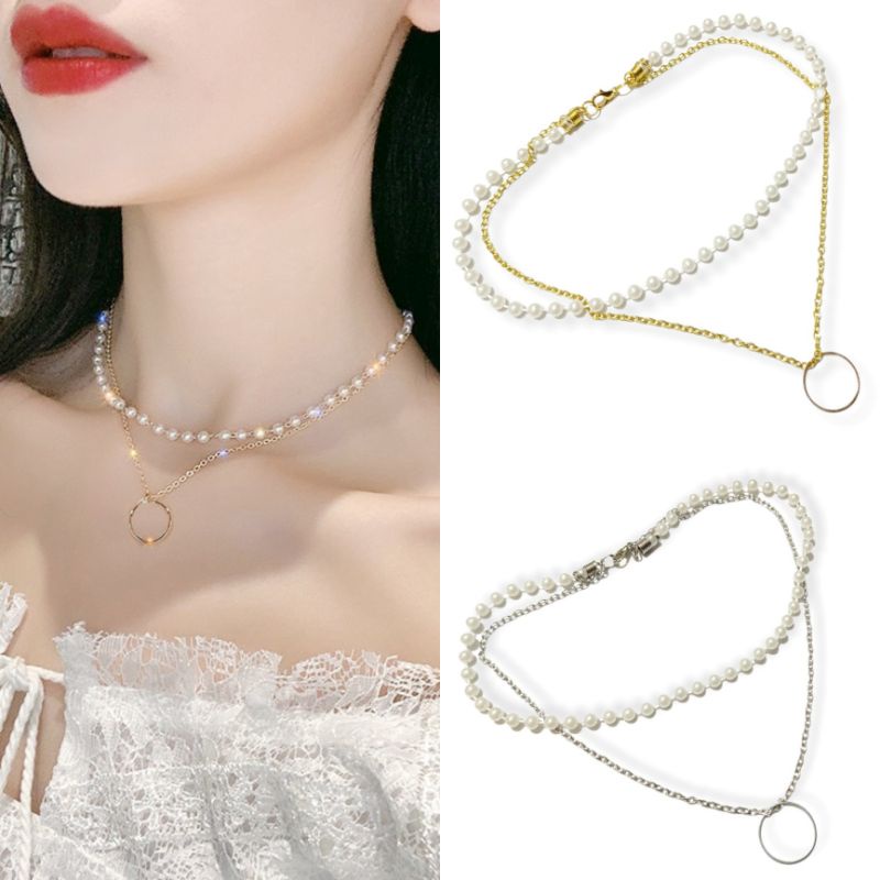 Kalung Multilayer Korea Mutiara Liontin O Ring Double Layer Dua Lapis Rantai Korean Necklace Pearl
