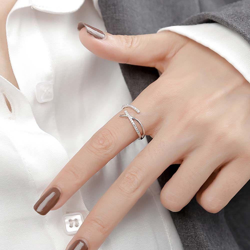 Mxbeauty Cincin Zircon Fashion Adjustable Garis Paralel Silang Warna Perak Berlian Gaya Korea
