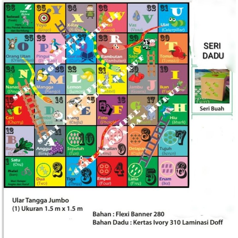 Ular Tangga Jumbo Ukuran 1,5 x 1,5 M Angka dan Huruf 2 Bahasa Dadu Buah