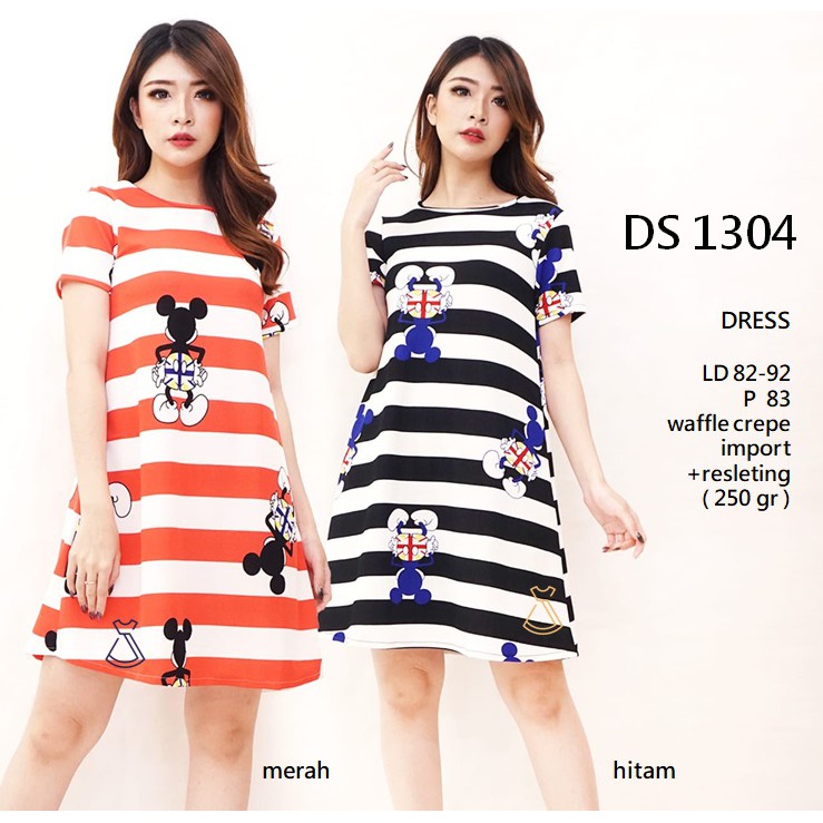 DS1304 - DRESS CASUAL WANITA STRIPE MOTIF DISNEY MICKEY MOUSE GROSIR MURAH