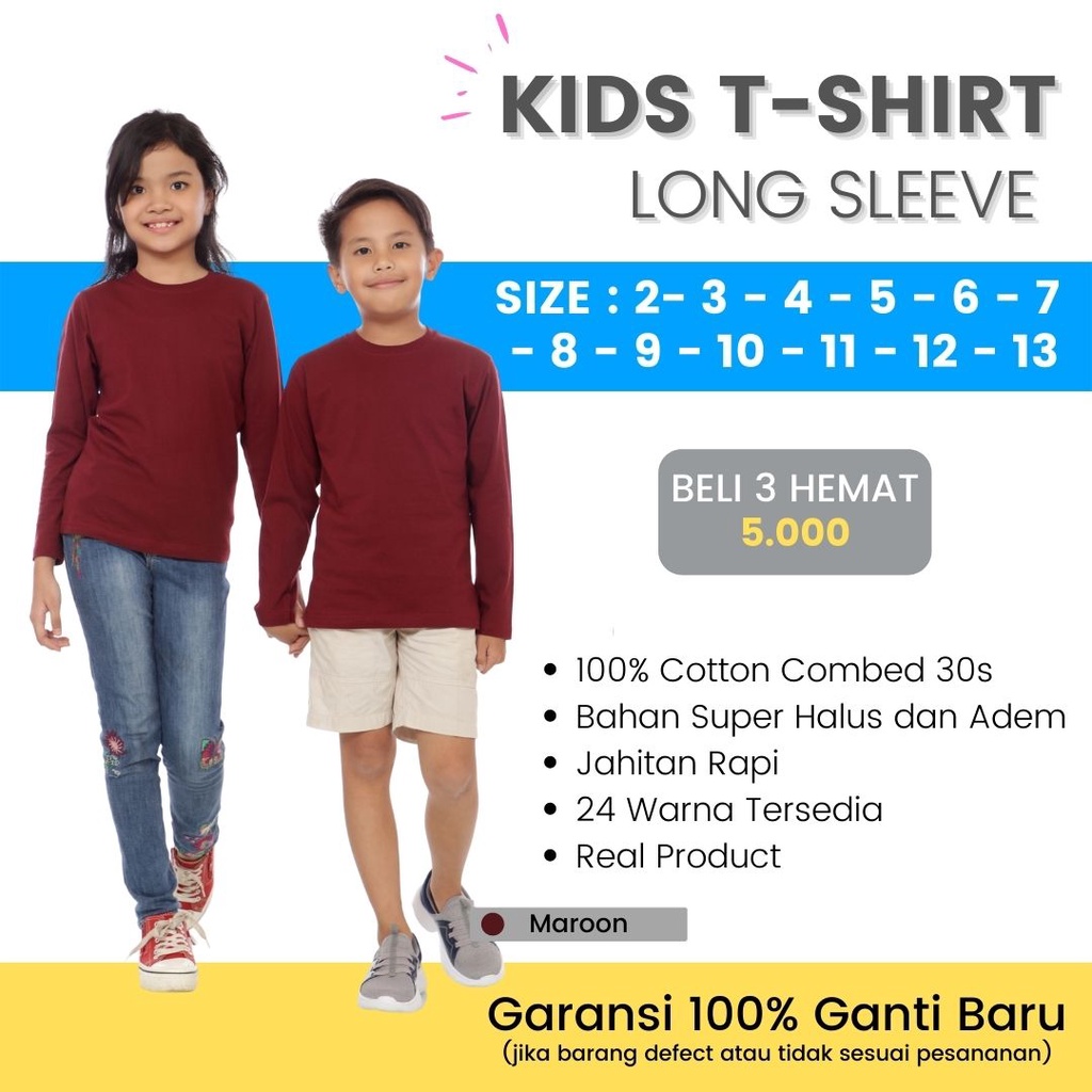 Baju Kaos Polos Anak Laki Perempuan Cowok Cewek Lengan Tangan Panjang Katun Cotton Combed 30s Harian