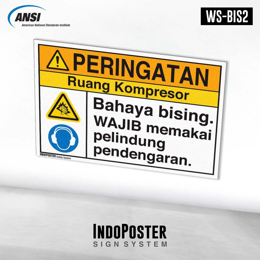 

Stiker Safety Sign Rambu K3 ANSI Bahaya Bising Ruang Kompresor Wajib Earmuff
