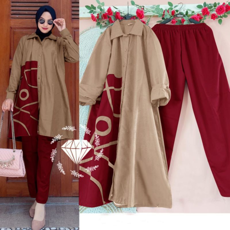 SET CELANA TUNIK MARION, MOSCREPE, GAMIS HIJAB MUSLIM, MAXY DRESS, SETELAN