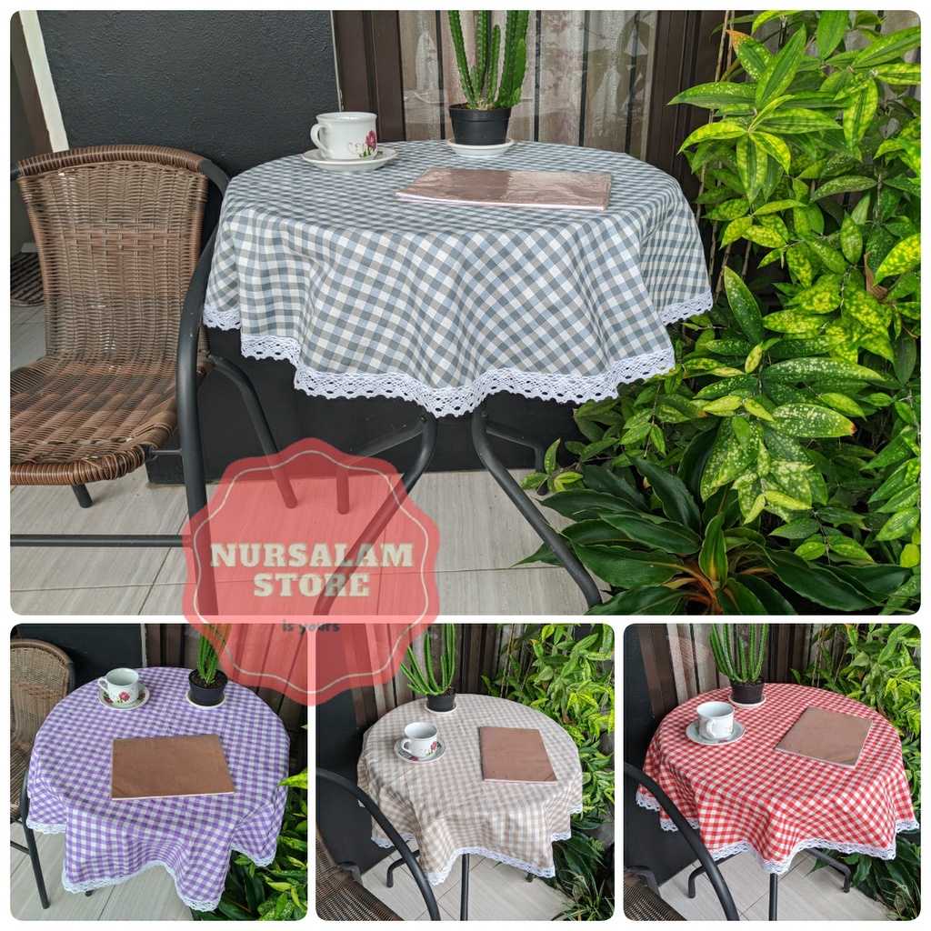 CANV Taplak MEJA BULAT RENDA Rajut Estetik Kekinian Motif Kain Kotak-Kotak Gingham Ala Korea