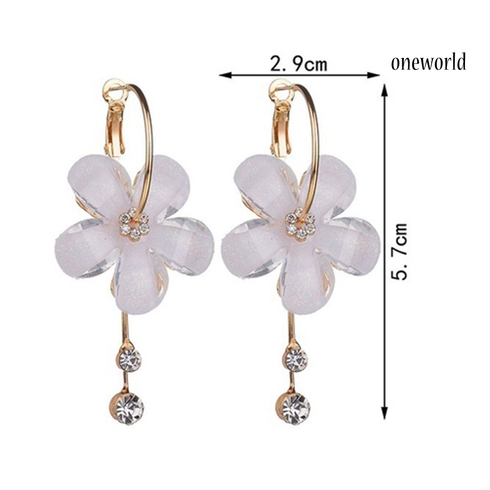 OW@ Elegant Rhinestone Flower Long Tassel Pendant Huggie Earrings Statement Jewelry