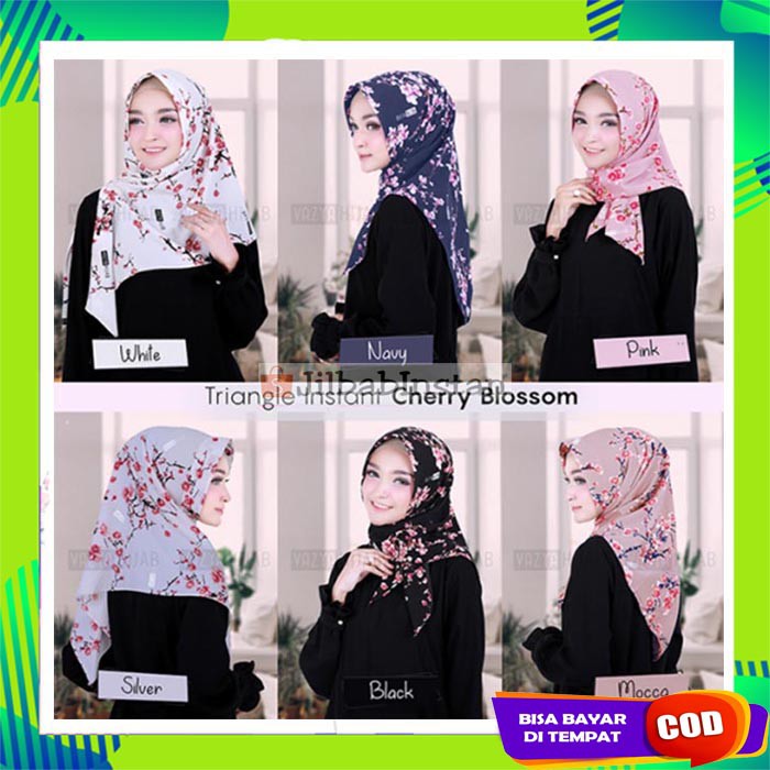 Jilbab/Kerudung/Hijab/Bergo Segitiga Langsung Slup Instan Motif Bunga Sakura/Cherry Blossom