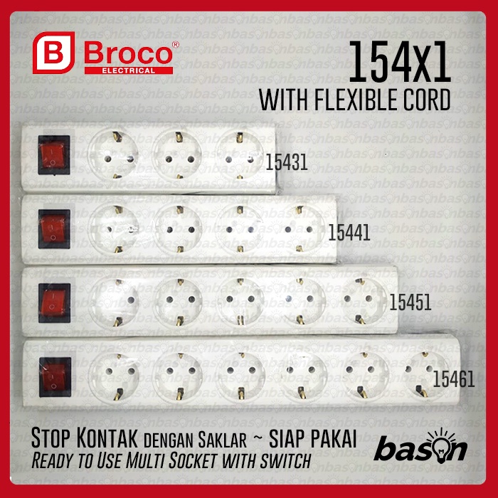 BROCO Stop Kontak Siap Pakai - 3 hingga 6 lubang - Saklar , Arde , Kabel 3 meter / 5 meter