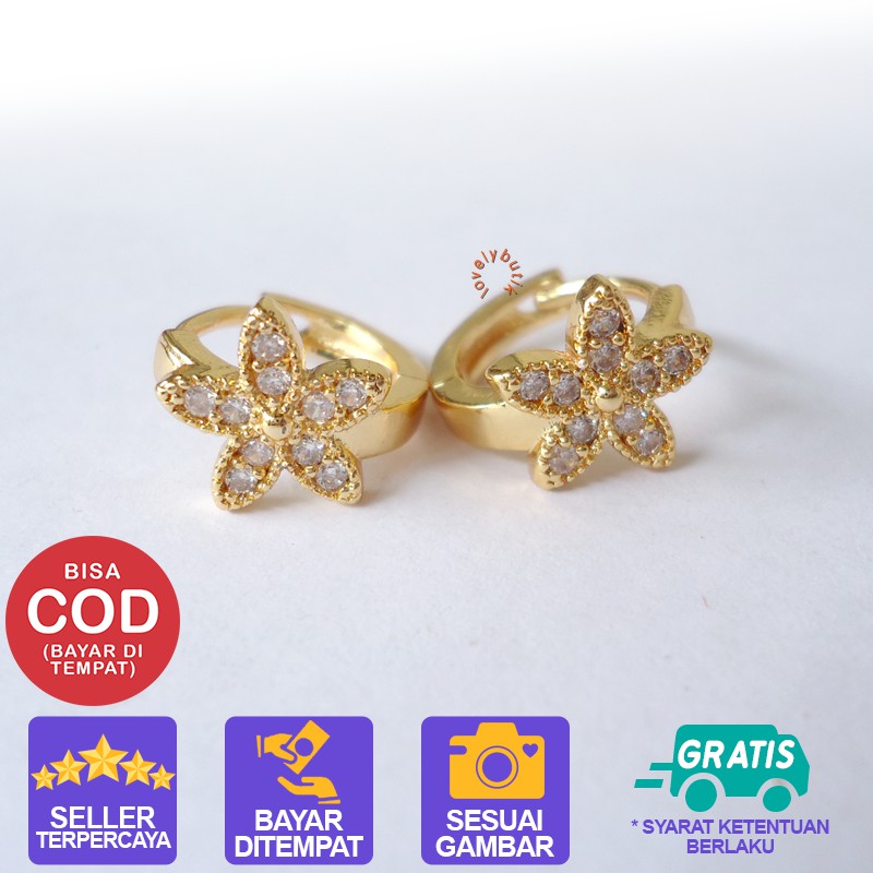 Lovelybutik Anting Xuping Jepit Wanita Gold Model Permata Soka Warna Emas