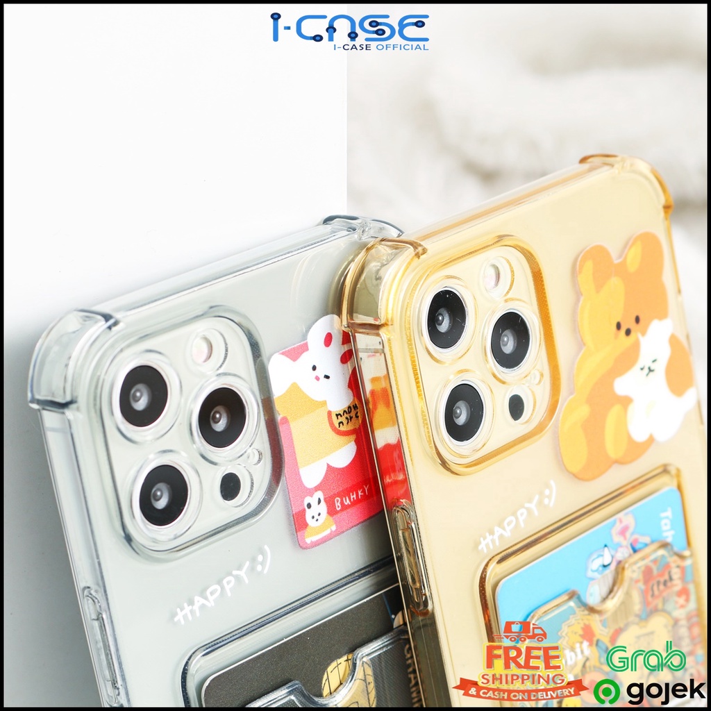 Soft Case Transparant Full Lens cover Casing iPhone 7 8 SE 7+ 8+ X XR XS 11 12 13 Mini Pro Max Bear Card Holder