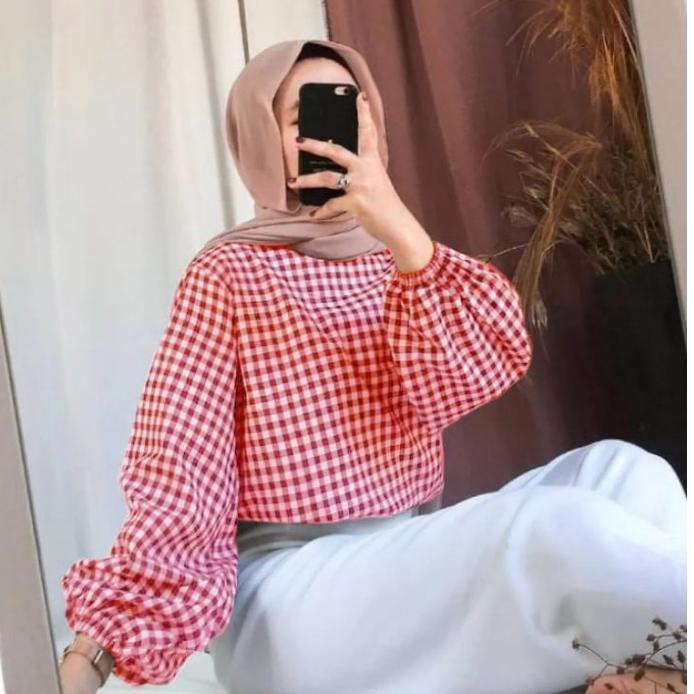 Langsung Order square blouse motif kotak baju lengan panjang atasan tangan balon pakaian wanita terl