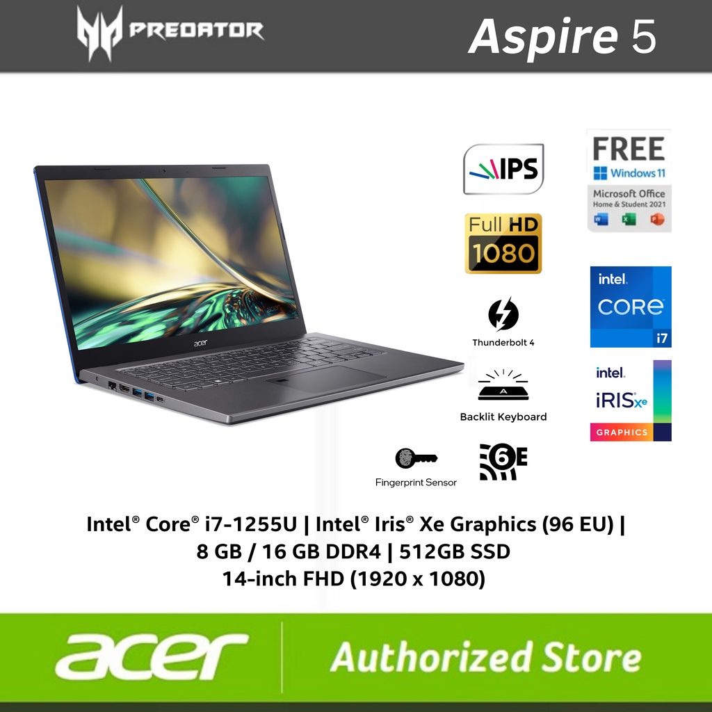 ACER Aspire 5 A514-55 i7-1255U RAM 8GB /16G SSD 512GB 14&quot; FHD IPS Iris XE W11 OHS