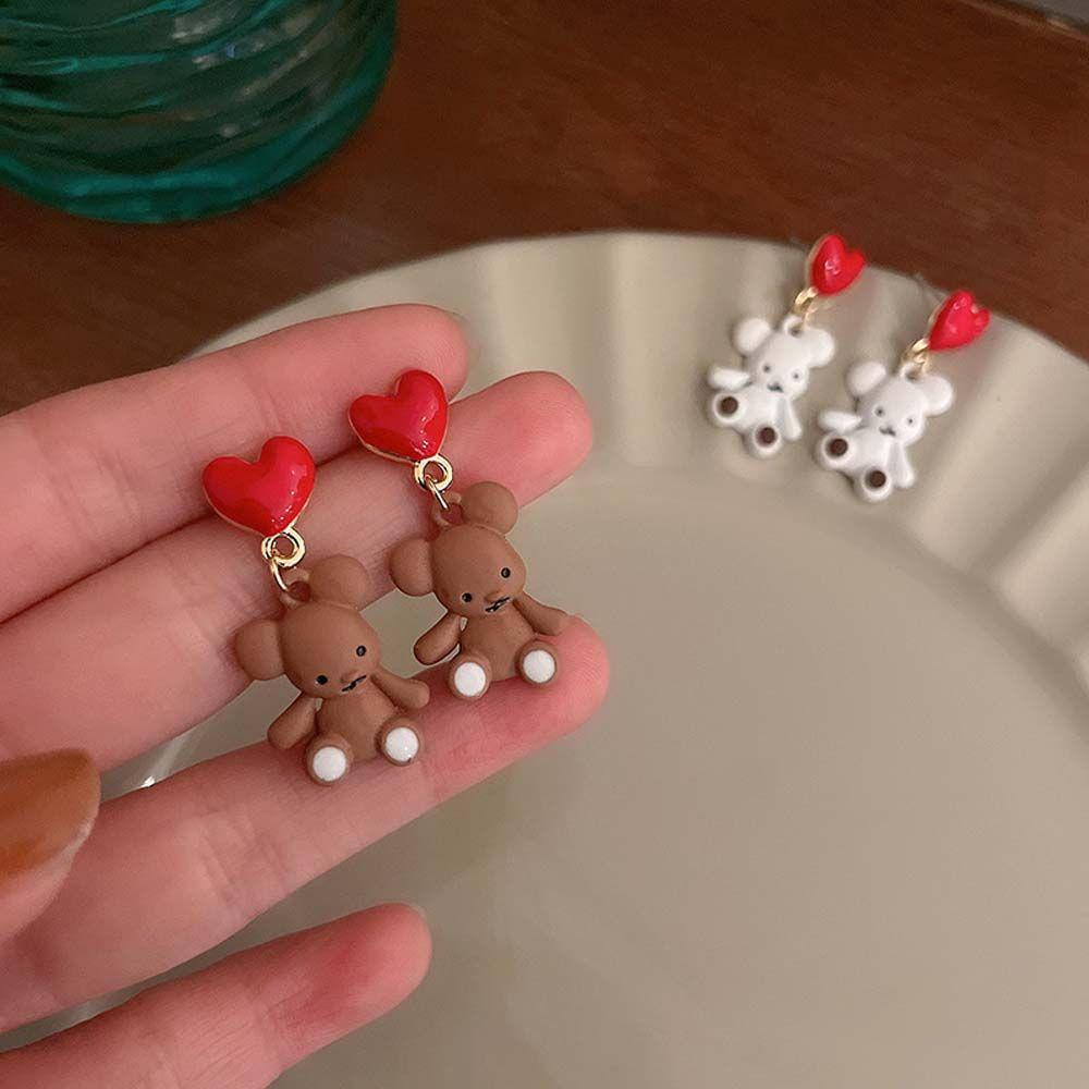 Mxbeauty Bear Stud Earring Minimalis Temperamen Wanita Hitam Kotak Putih Kartun Gadis Gaya Korea Earrings