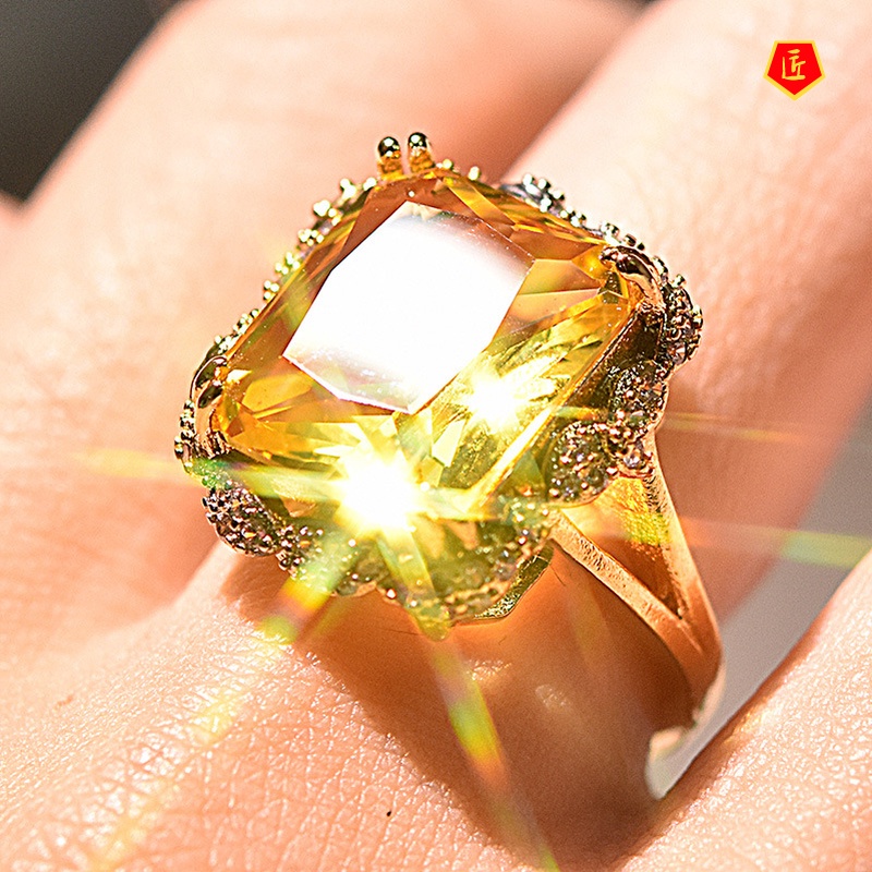 [Ready Stock]Exaggerated Inlaid Champagne Square Diamond Ring Fashion Personality