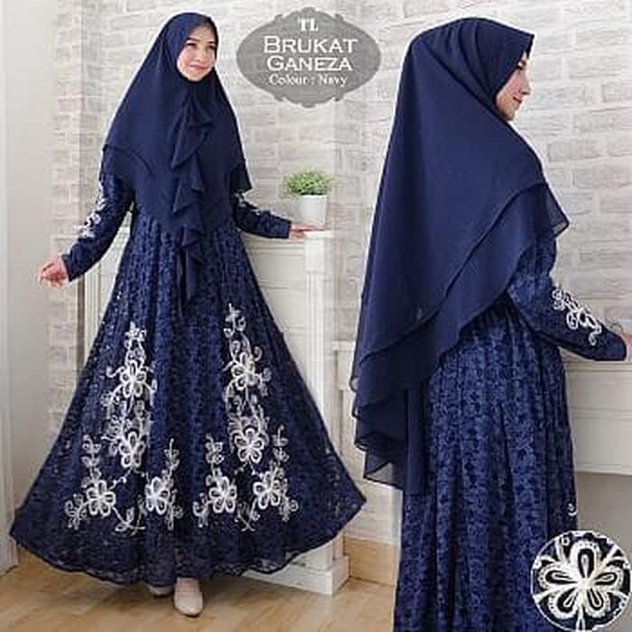 [Syari Brukat Ganeza Nevy TL] Gamis Wanita Brukat Biru Dongker