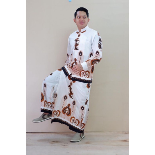 Fashion Muslim Baju Koko Setelan Sarung Celana Pria Dewasa Kombinasi Kemeja Batik Lengan Panjang Pen
