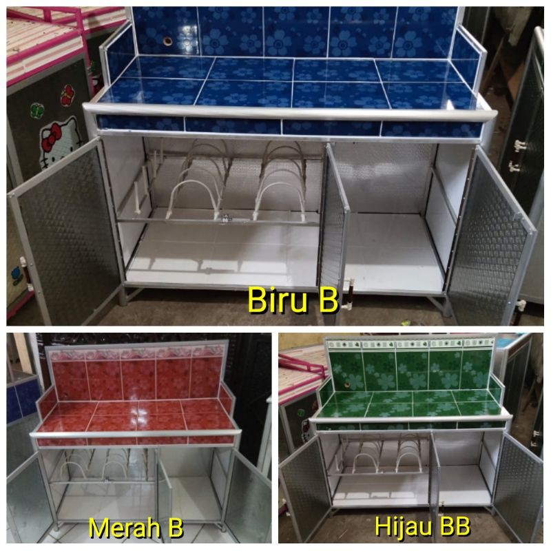 Meja Kompor Dapur 3 Pintu + Rak Piring Keramik Aluminium Super