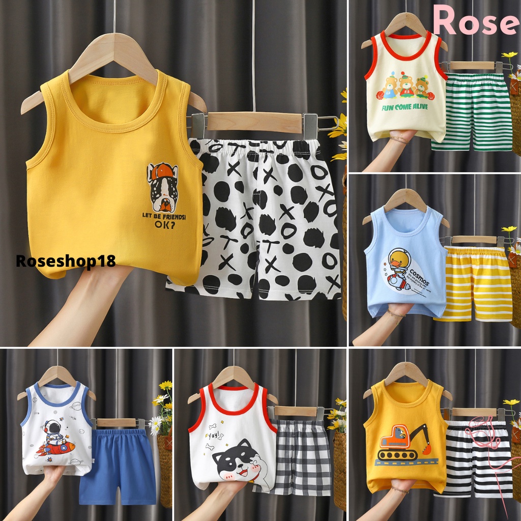 Roseshop - (0Bln-2Thn)  COD Baju Setelan Singlet Bayi / Setelan Baju Bayi Lengan Oblong / Setelan Baju Anak Import