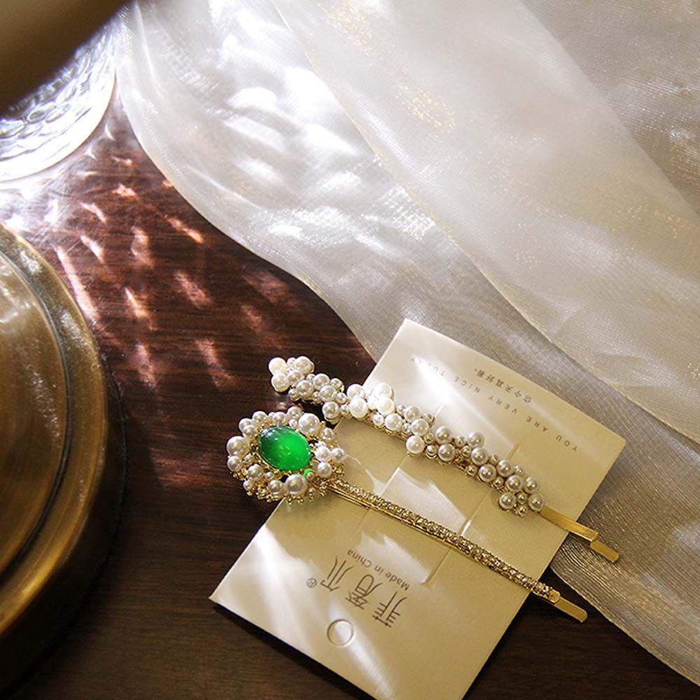 Agustina Berlian Imitasi Klip Rambut Gadis Mewah Kristal Mutiara Memperbaiki Pinggiran Jepit Hiasan Kepala Pearl Barrette Pin Berlian Imitasi Permata Hijau Gaya Korea