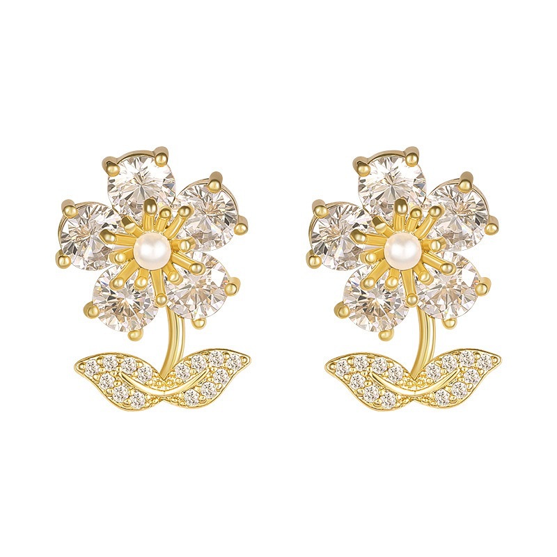 Anting-anting bunga kristal gaya korea sederhana fashion elegan