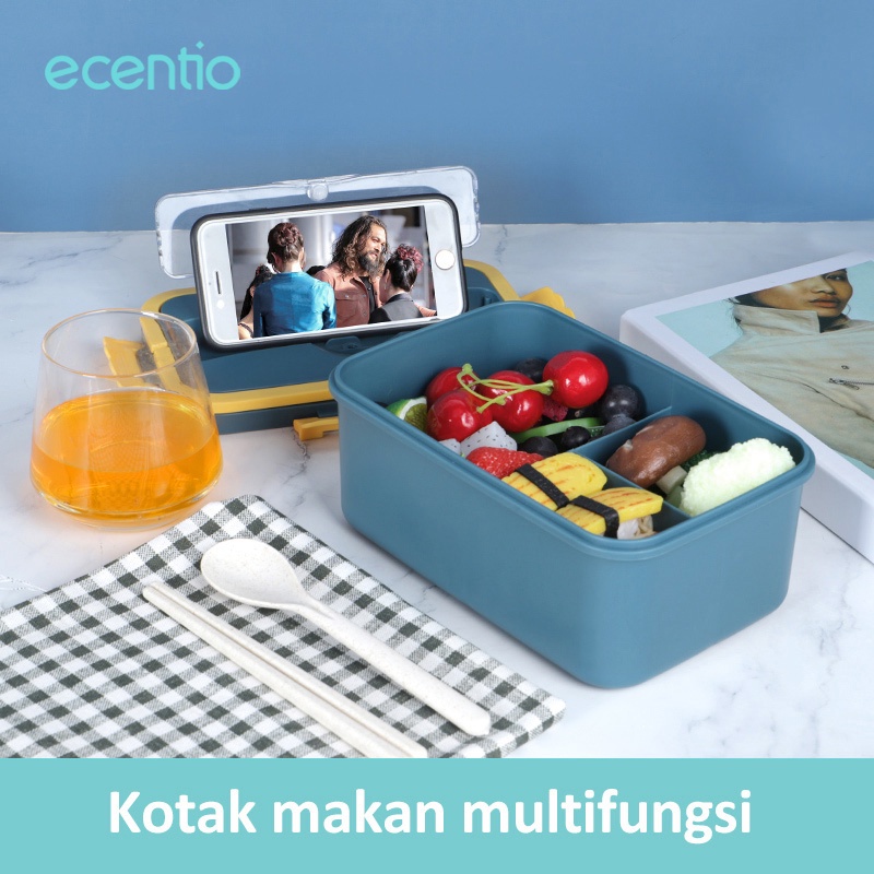 ecentio &amp; FOODI lunch box set Kotak makan Anti Tumpah 3 sekat Jerami Gandum 1000ml/1500ml Tempat makan free sendok&amp;sumpit