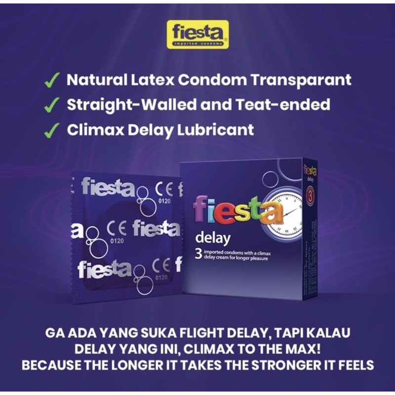 Kondom fiesta delay isi 3 ( lebih tahan lama ) packing dan privasi aman