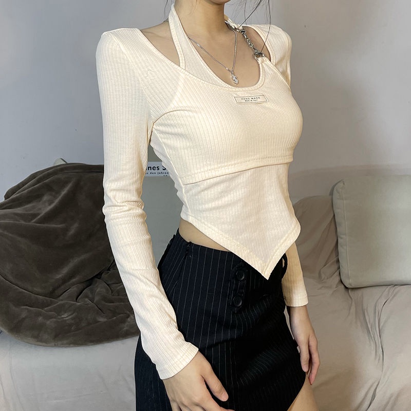 kaos wanita korean style stitching fake two-piece halter neck lengan panjang t-shirt label top
