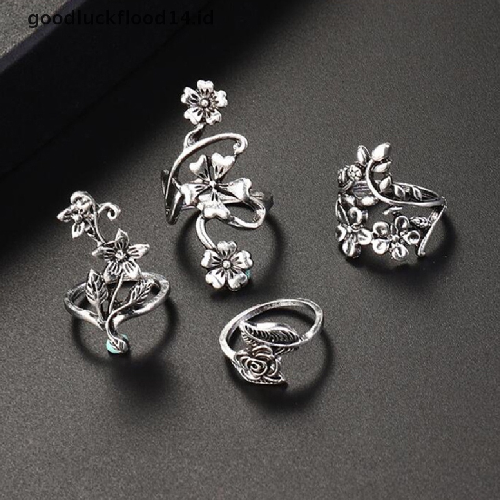 [OOID] 4pcs/set Antique Silver Color Vintage Bohemia Ring Set Rose Flower Rings ID