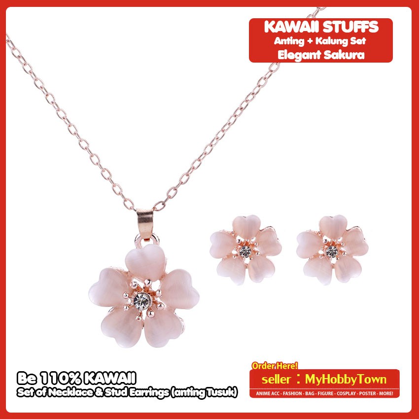 Set Kalung Anting Bunga Sakura Cherry Blossoms Lucu Kawaii Terlaris