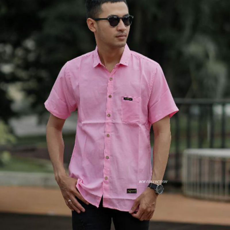 kemeja cowok polos lengan pendek hem pria kantor pink Oxford