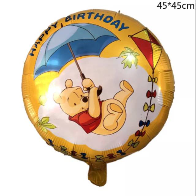 Balon foil bulat happy birthday winnie de pooh