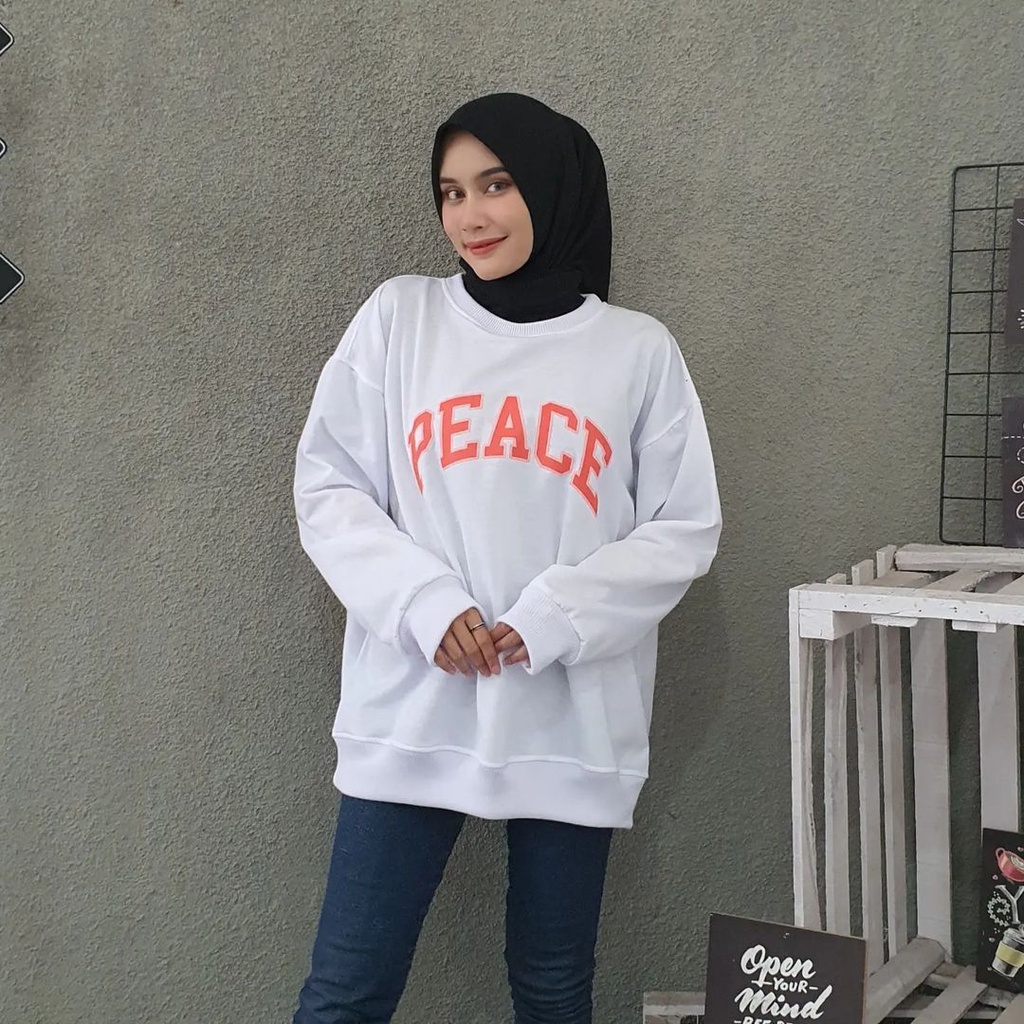 PEACE Sweater Switer Crewneck Oversize Pakaian Pria Wanita Fashion Terkini