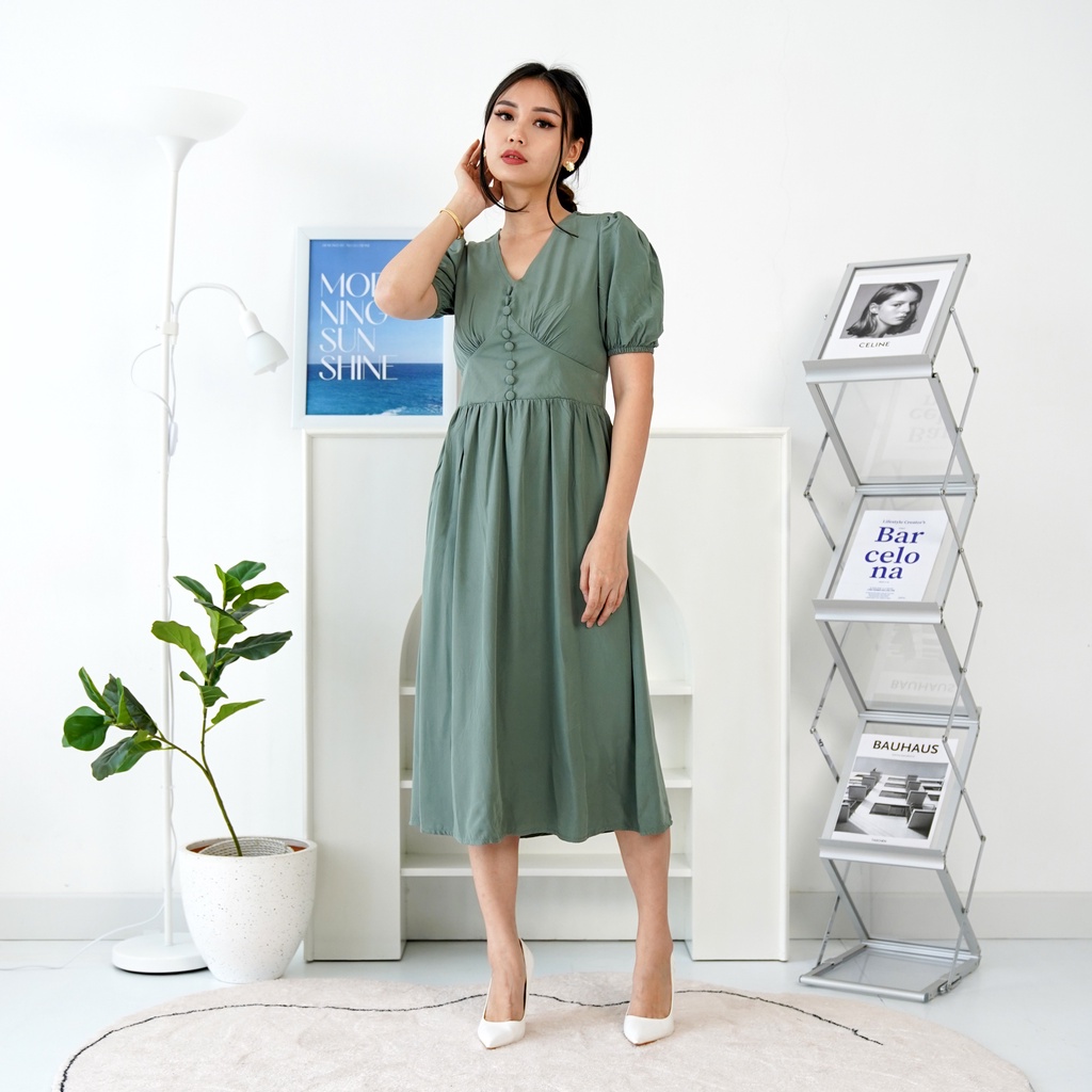 [MAMASILO]  Cherry Dress Wanita Hijau Sage/Korean dress wanita