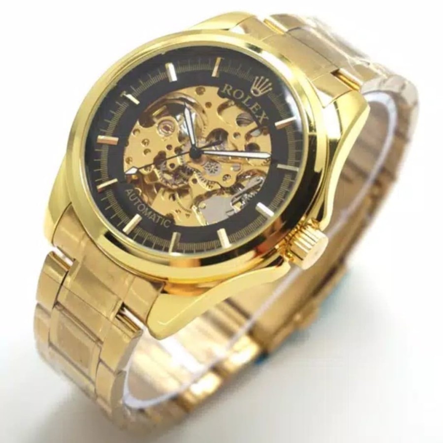 Jam Tangan Pria/Cowok Rolex Balok Automatic skelaton Full Gold - Jam Tangan Rolex Otomatis Gold
