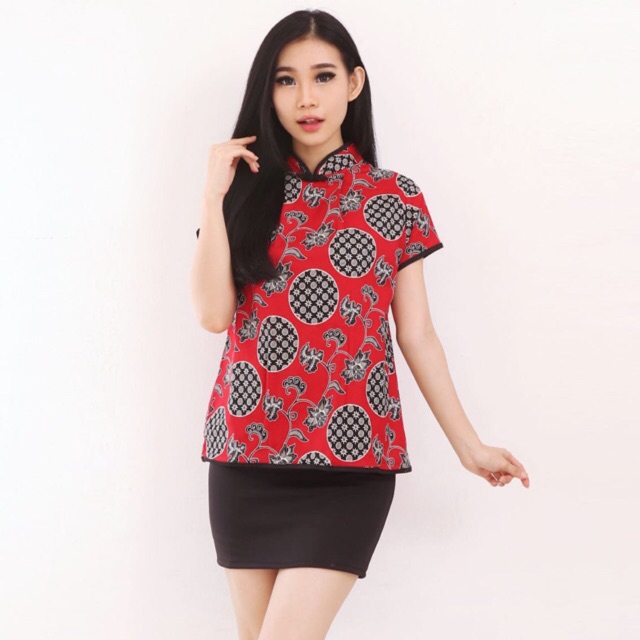QQinian Blouse Atasan Batik Wanita Merah Bunga Piring Hitam Cheongsam Stretch Resleting Grosir