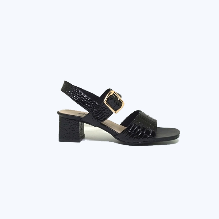 Sandal Wanita Hak tahu 5 cm Ukuran Besar Kaki Jumbo BIG SIZE 41 42 43 44 45 sendal Heels cewek casual pesta formal - Sendal Heel Tali kulit hitam Croco Gesper