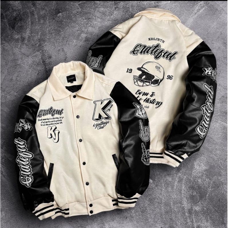 VINTAGE VARSITY JACKET | LEATHER JACKET CREAM | Jaket Kulit Varsity Vintage Cream Hitam Pria Wanita 