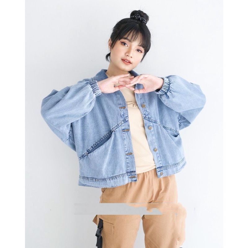 JACKET JEANS OVERSIZE WANITA CROP ORIGINAL KARET LENGAN BALON