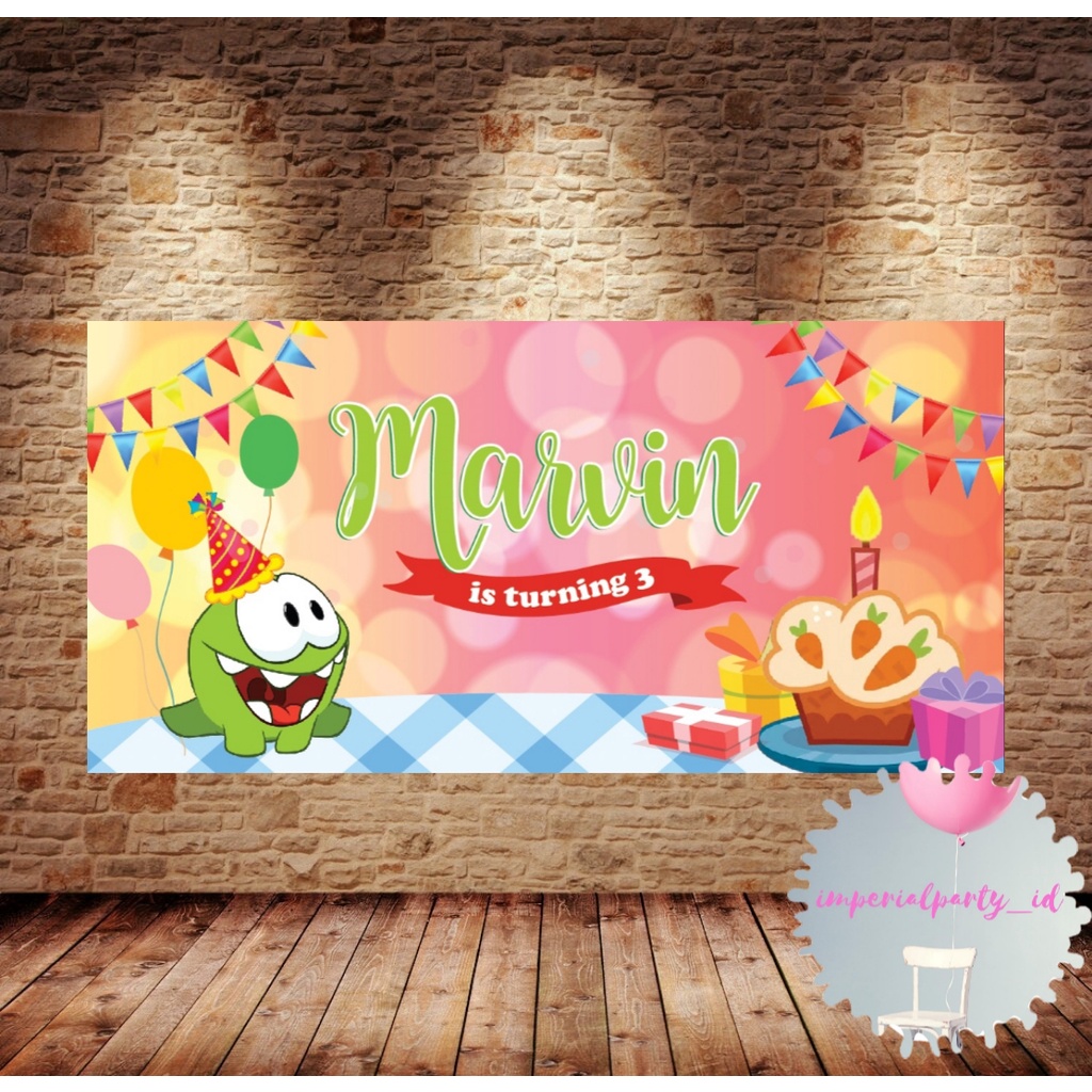 Custom Backdrop Banner Spanduk Happy Birthday Om Nom Cut the Rope