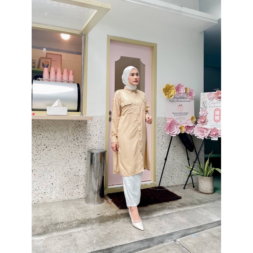 POCKET TUNIK CREAM / TUNIK KEMEJA / KEMEJA OVER SIZE/ TUNIK WANITA / BAJU TUNIK
