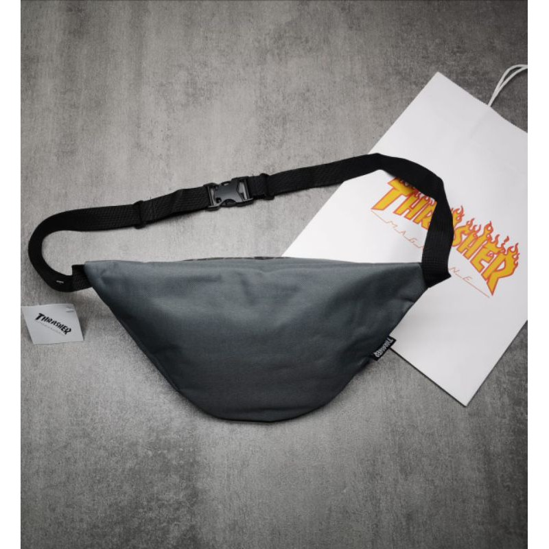 Waistbag Thrasher Flame Logo Waist Bag Grey With Paperbag Tas pinggang pria dan wanita