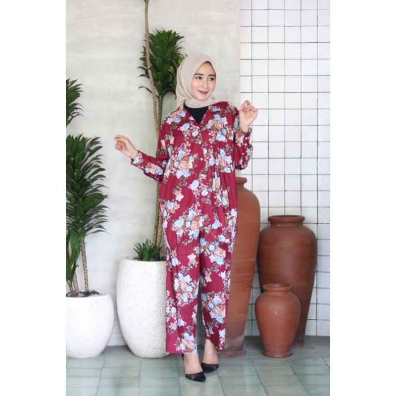 one set piyama rayon / piyama rayon satu set motif bunga