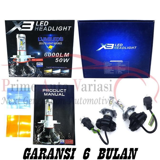 ( BISA COD ) Lampu Mobil LED X3 H4 With ZES 2nd G Chipset Hi/Lo Beam LIMITED EDITION Kode 34