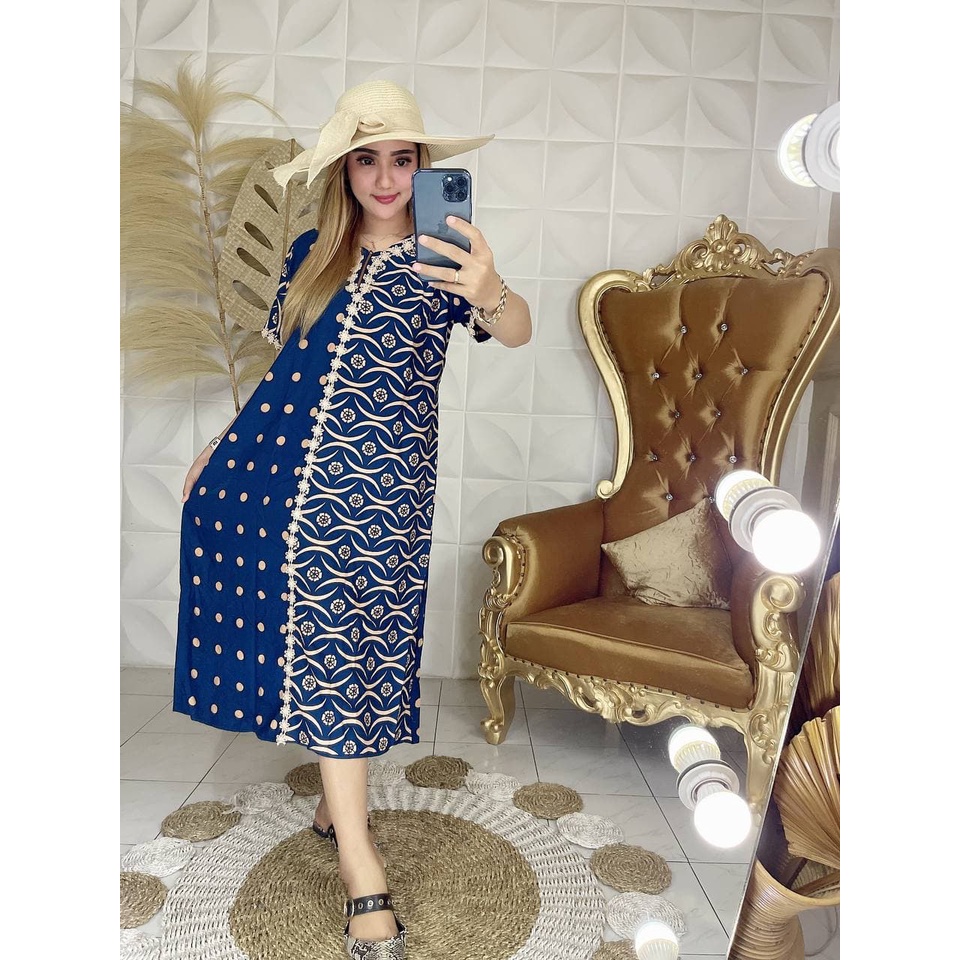 Dress Renda Busui Lengan Pendek Motif Rayon Halus Adem Resleting Depan Tali Samping Kanan Kiri