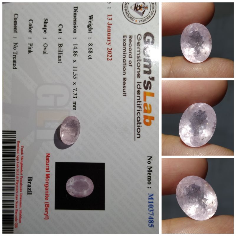 Natural Morganite Beryl Big Size Oval 8,6 ct HQ memo GLI NTD Zamrud Pink
